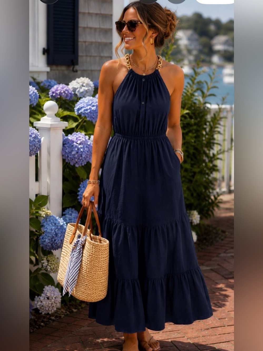 Michael Kors Ladies size xs navy blue ruffle long tank dress